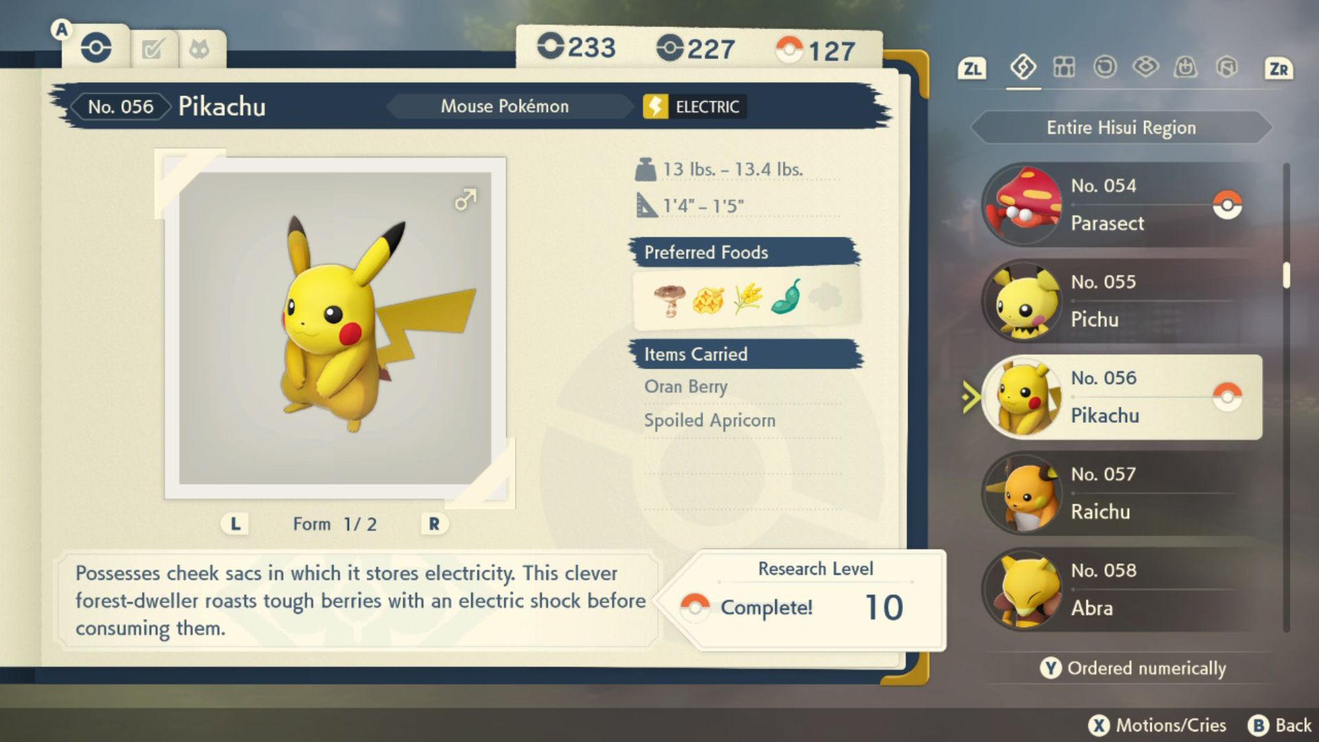 Pikachu Pokedex entry in Legends Arceus (Image via TPC)