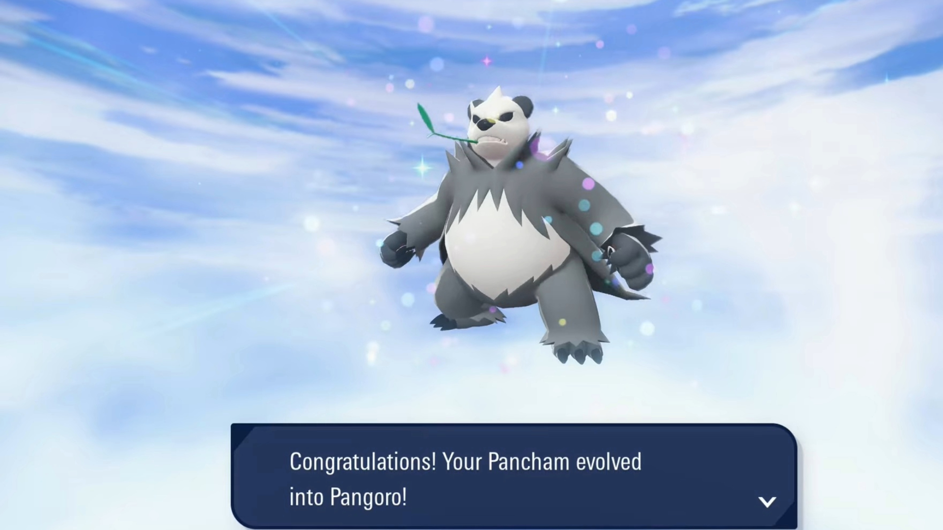 Place a Dark type Pokemon in your party when Pancham is at level 32 or higher to evolve it