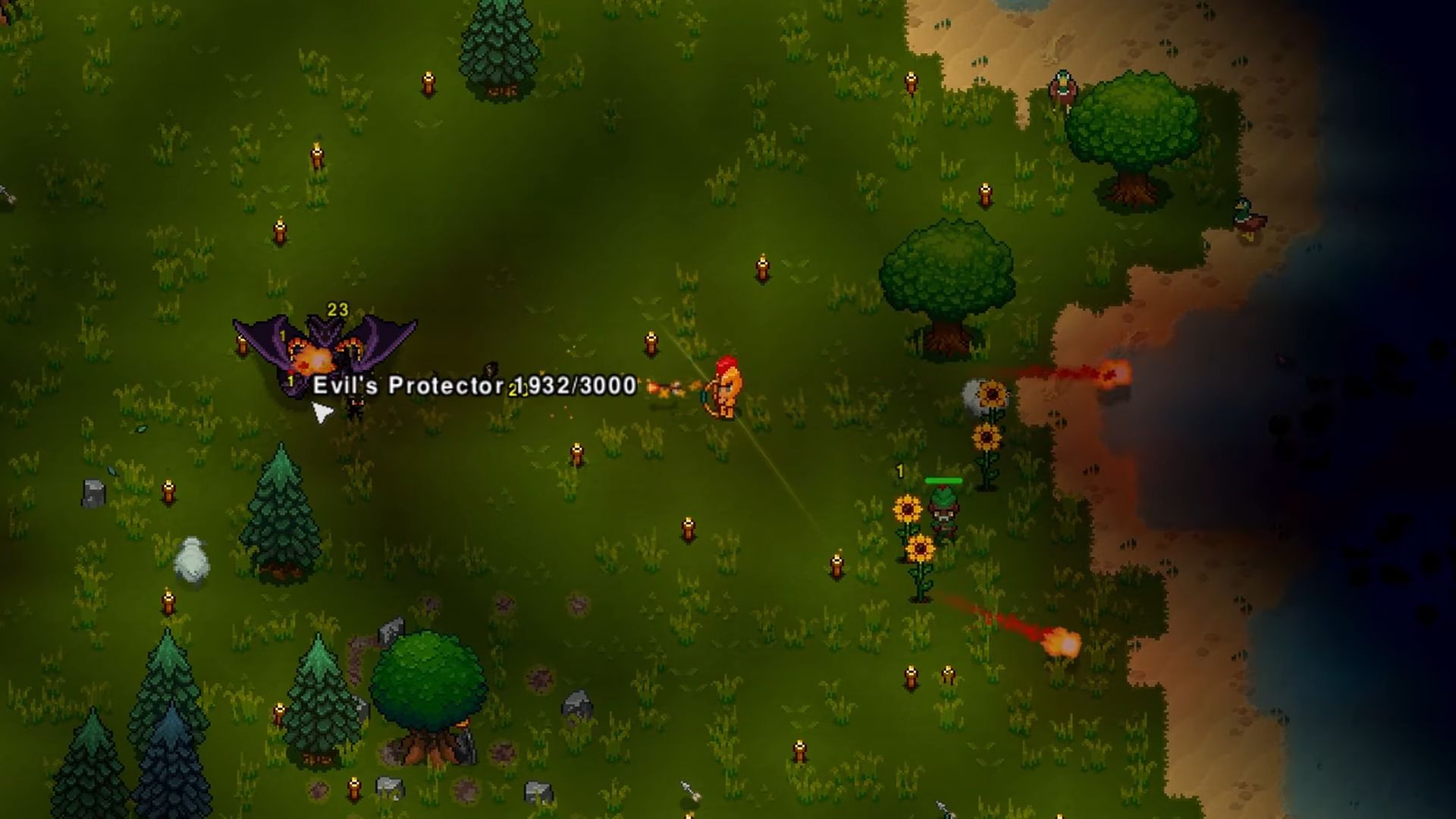 Dodge fireballs and keep attacking the Evil's Protector in Necesse (Image via Fair Games Aps)