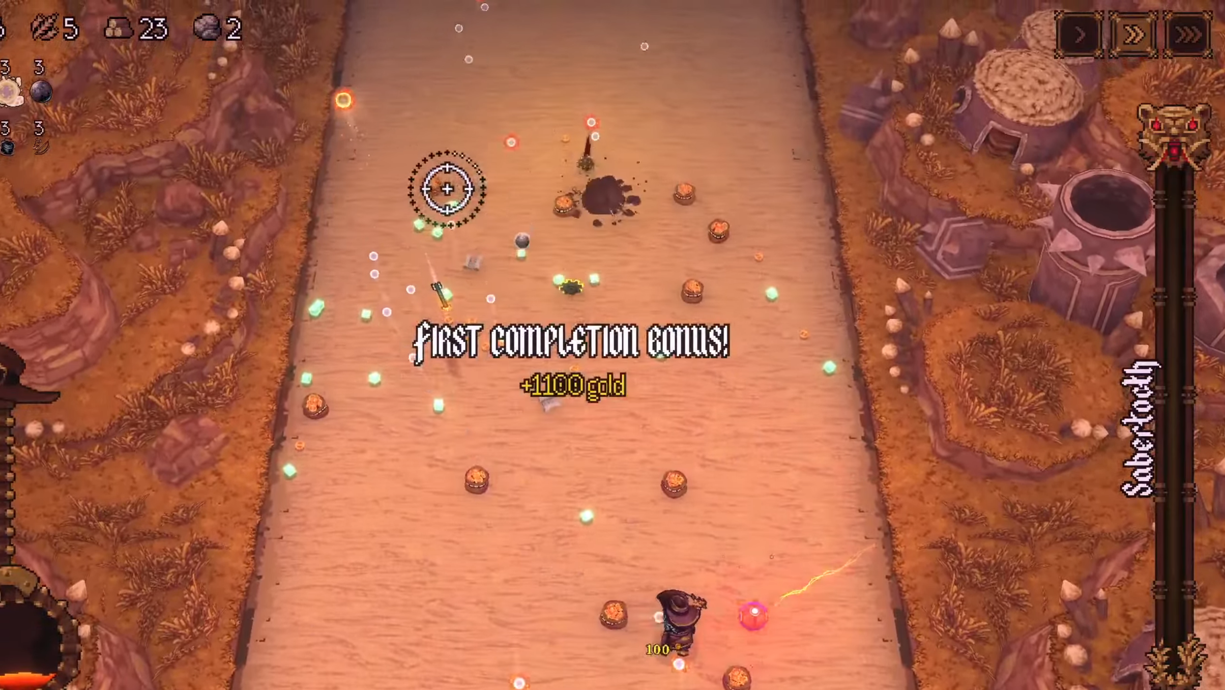 Sabertooth Boss battle over view in Ball X Pit (Image via Devolver Digital)