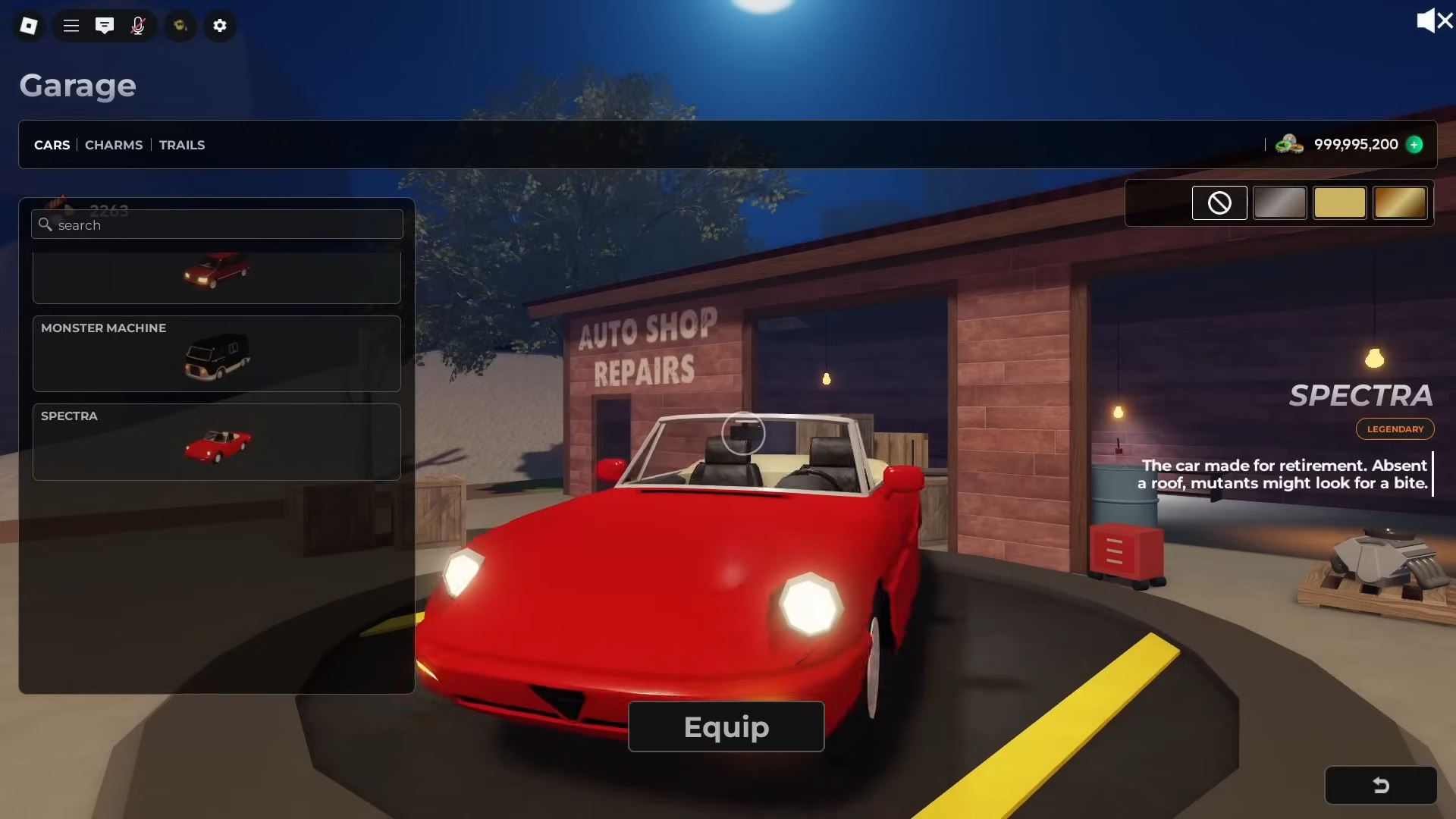 Spectra Car in garage (Image via Roblox Corporation)
