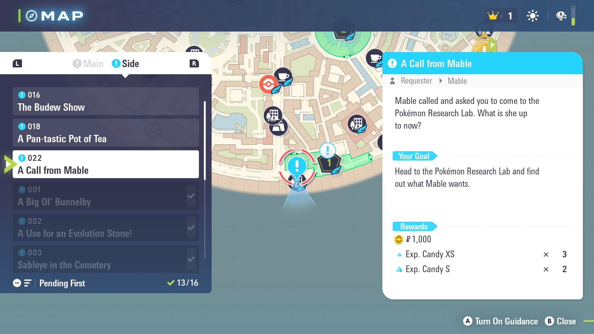 The quest information and map location