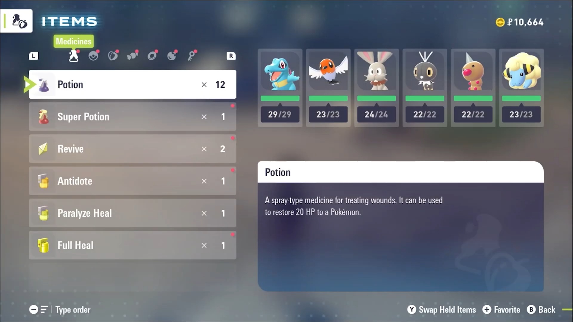 Using Potions to heal in Pokemon Legends Z-A