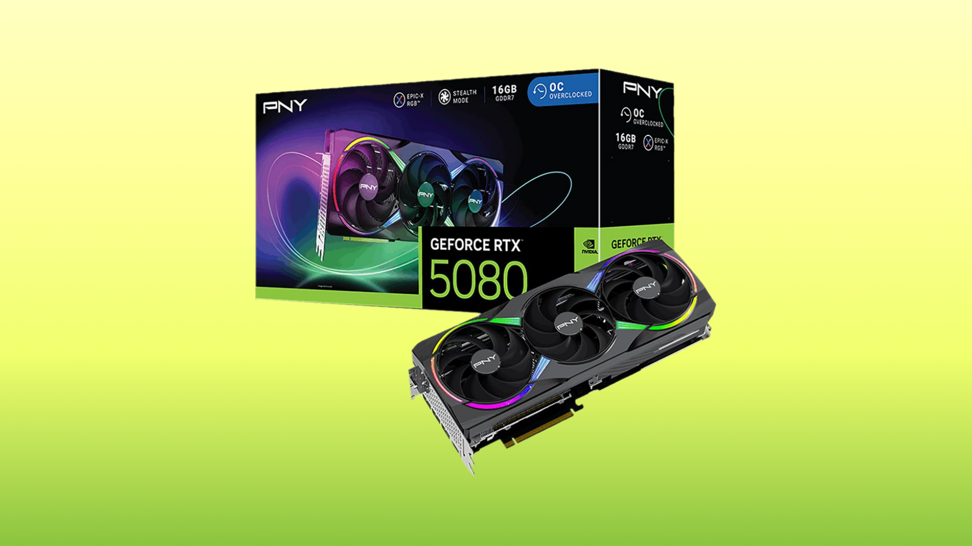 An image of PNY RTX 5080 OC GPU and box