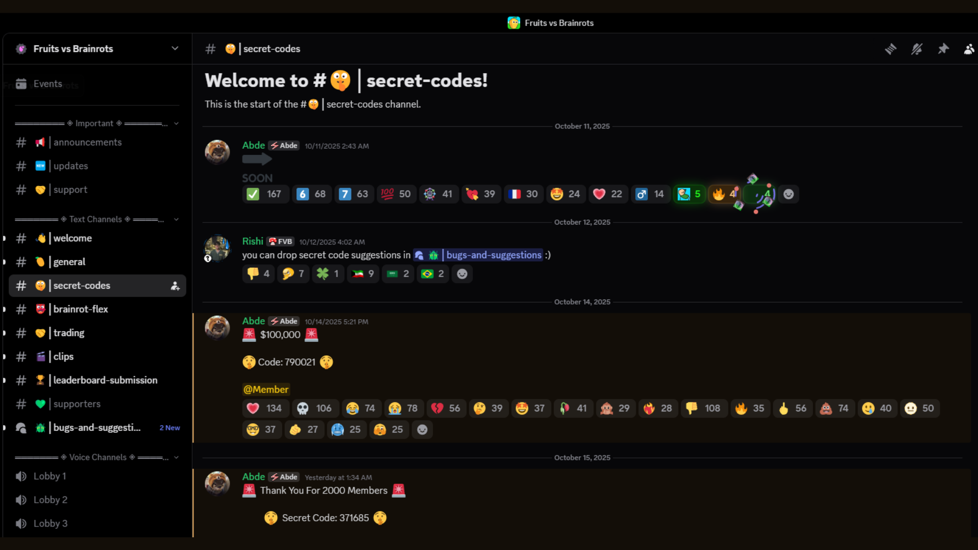 An image from Fortnite Fruits vs Brainrots official discord server, secret codes channel