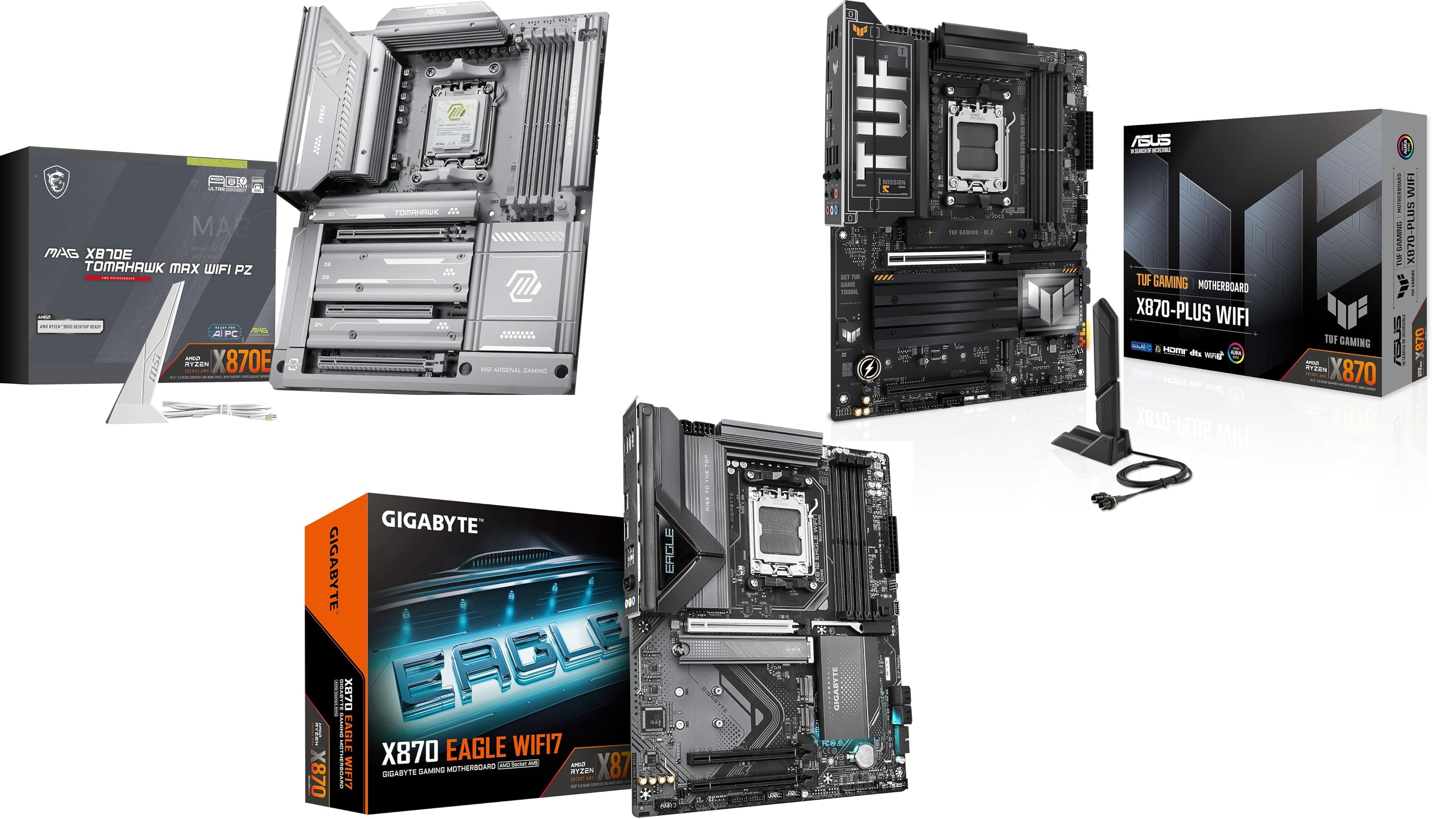 Picture of a collection of X870 and B850 motherboards