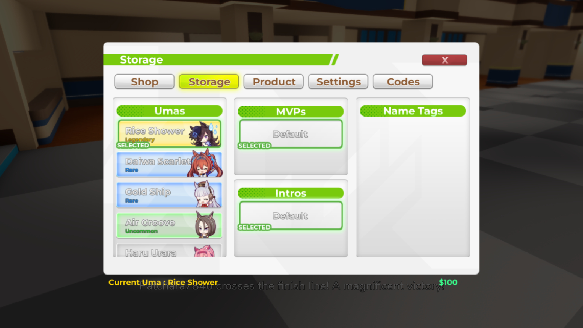Choose your Uma from the Storage Main Menu tab (Image via Roblox Corporation)