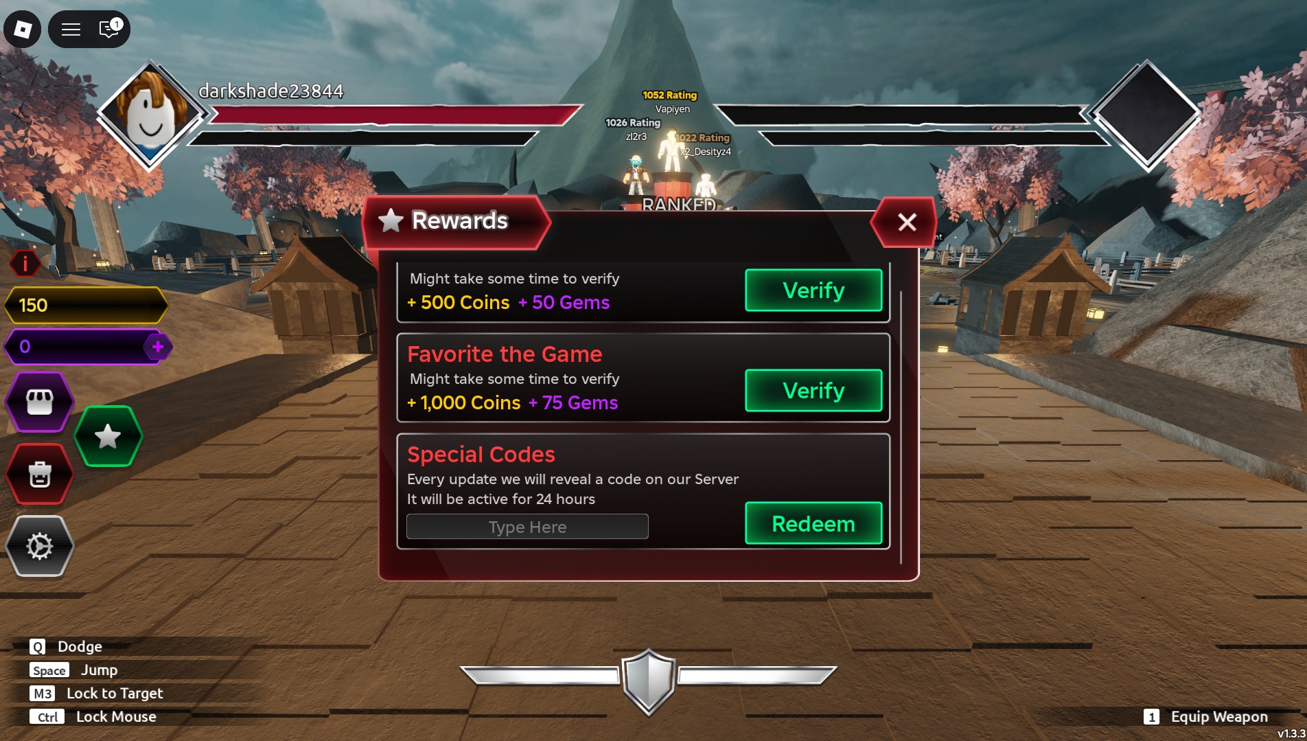 Code redemption section