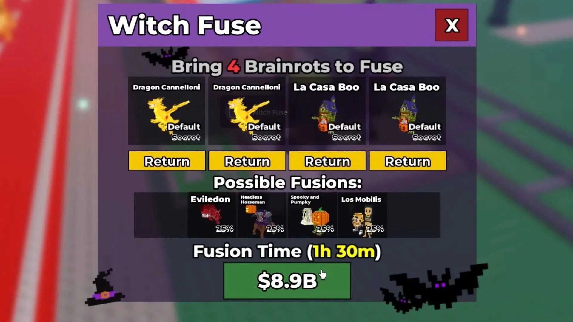 Deliver Secret or OG rarity Brainrots into the Witch Fuse to get the Headless Horseman
