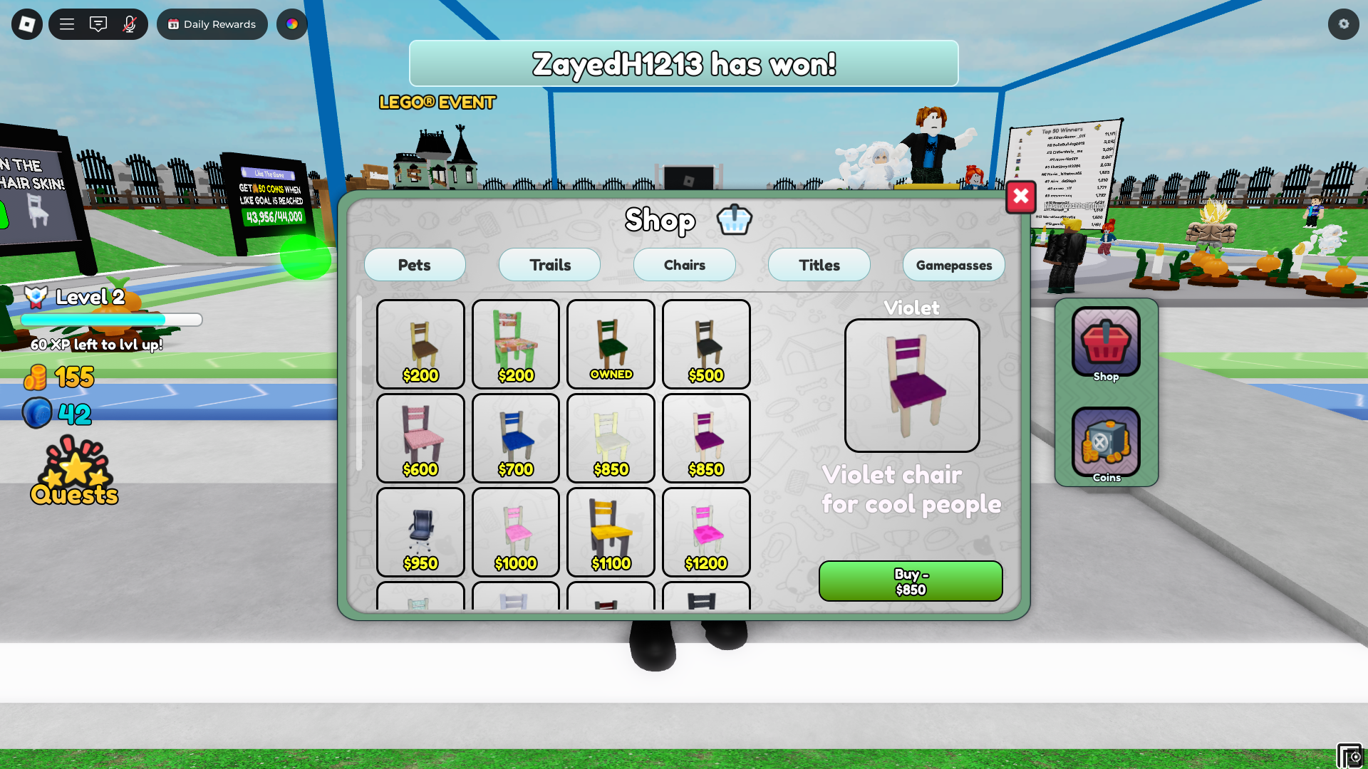 Buying new chairs (Image via Roblox Corporation)