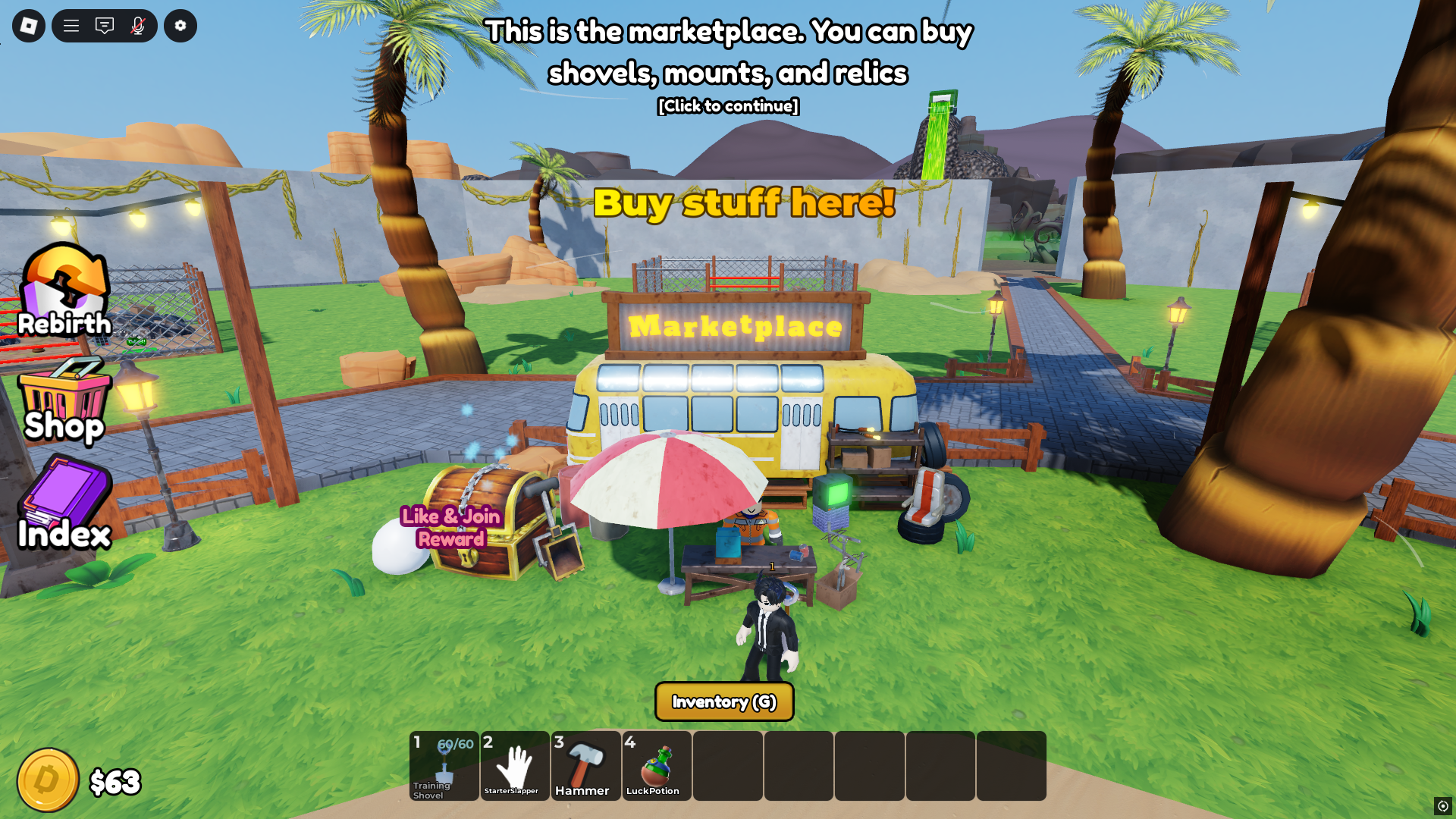 Marketplace to buy shovels (Image via Roblox Corporation)