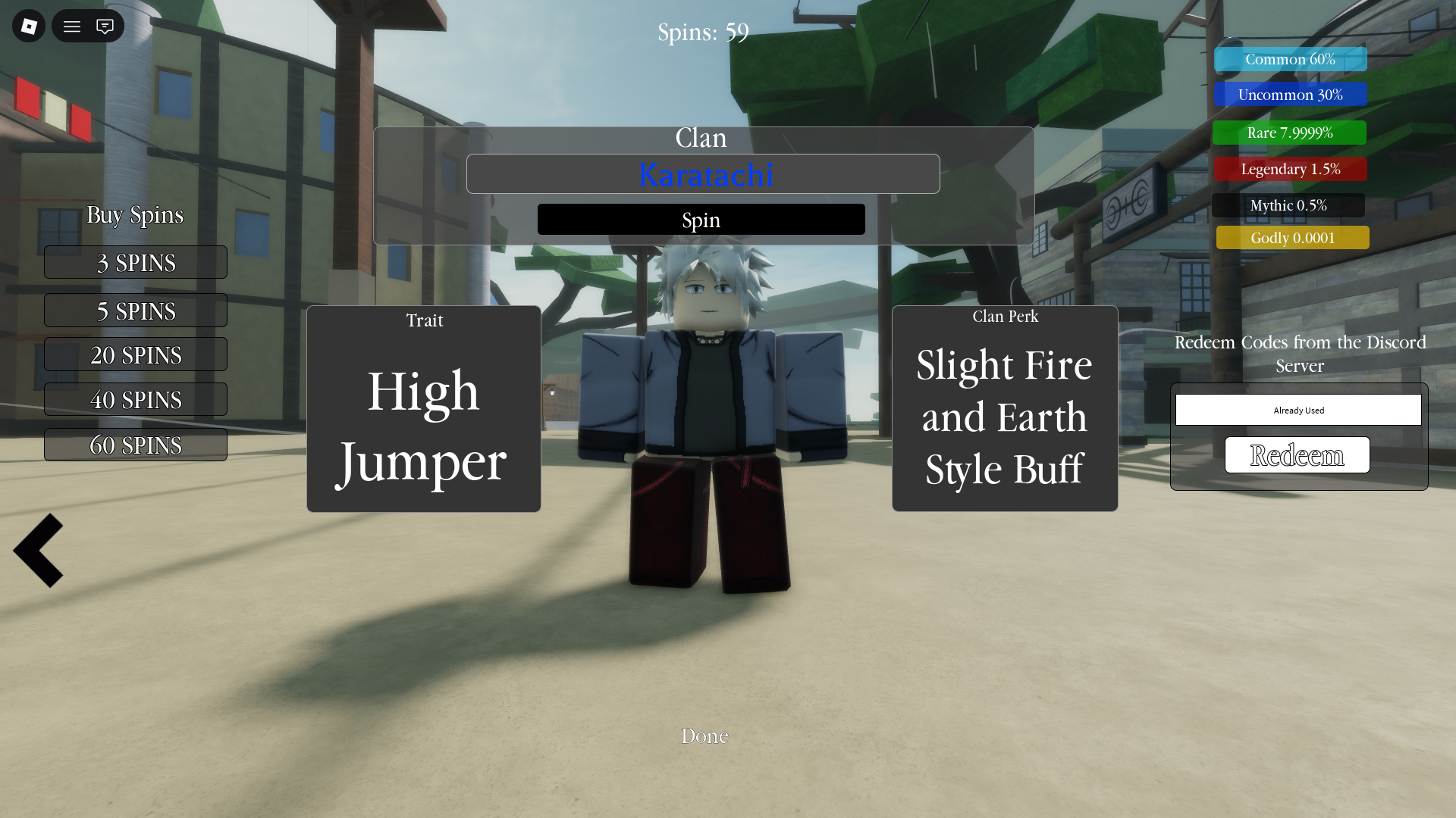 Spinning for better clan and traits (Image via Roblox Corporation)