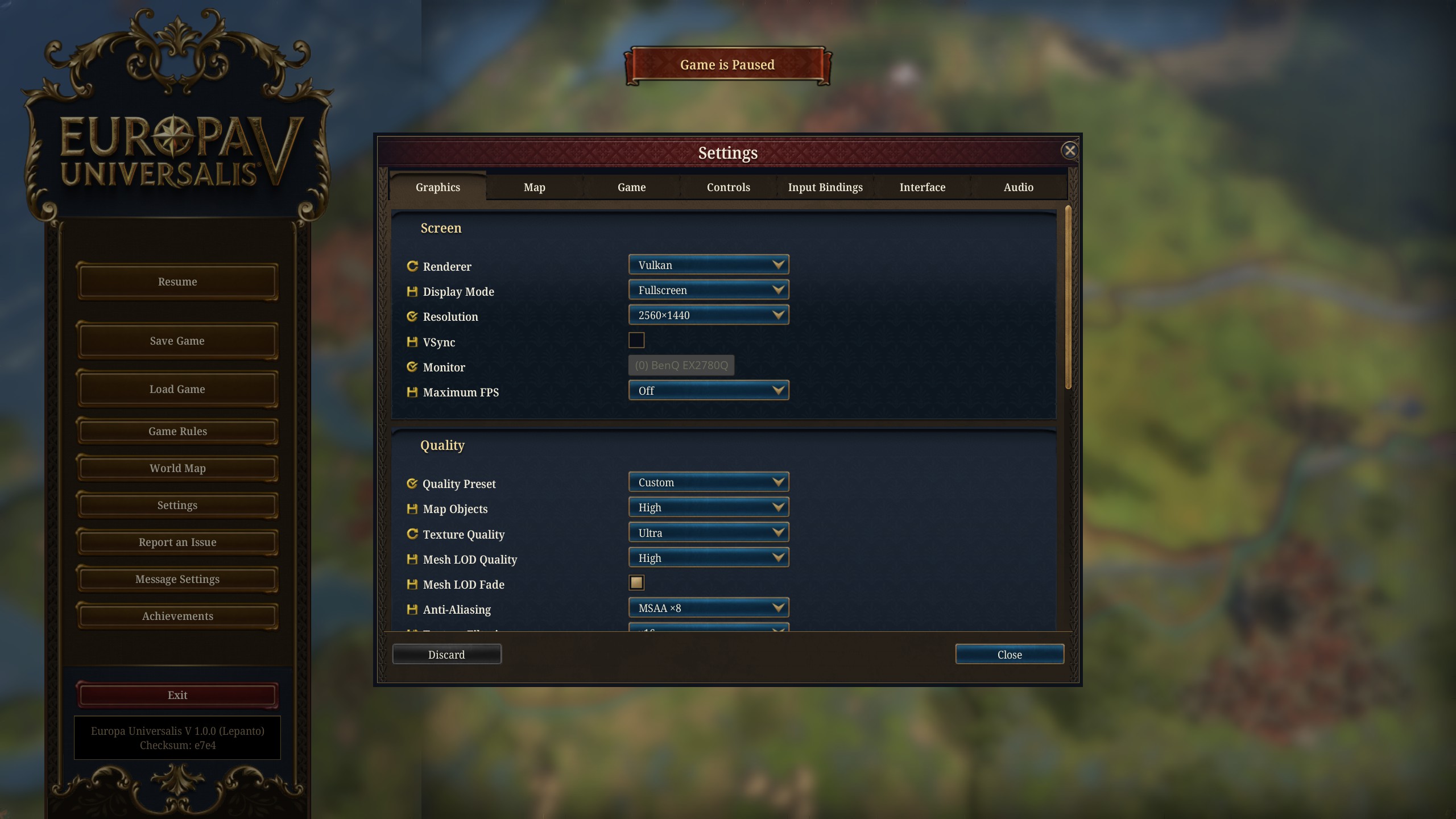 Europa Universalis 5 settings page - 1 (Image via Paradox Interactive)