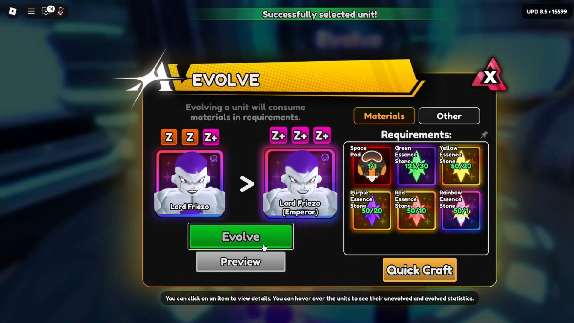 Evolving Lord Friezo requires you to meet several item requirements