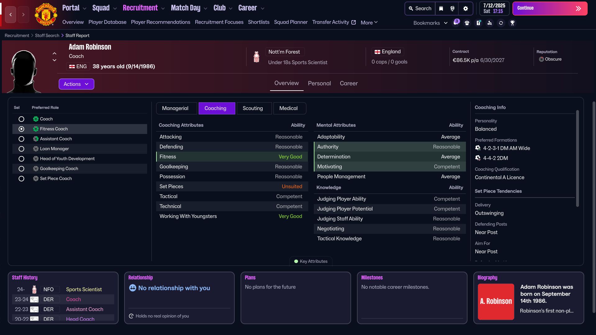 Fitness coach in Football Manager 26 (Image via SEGA)