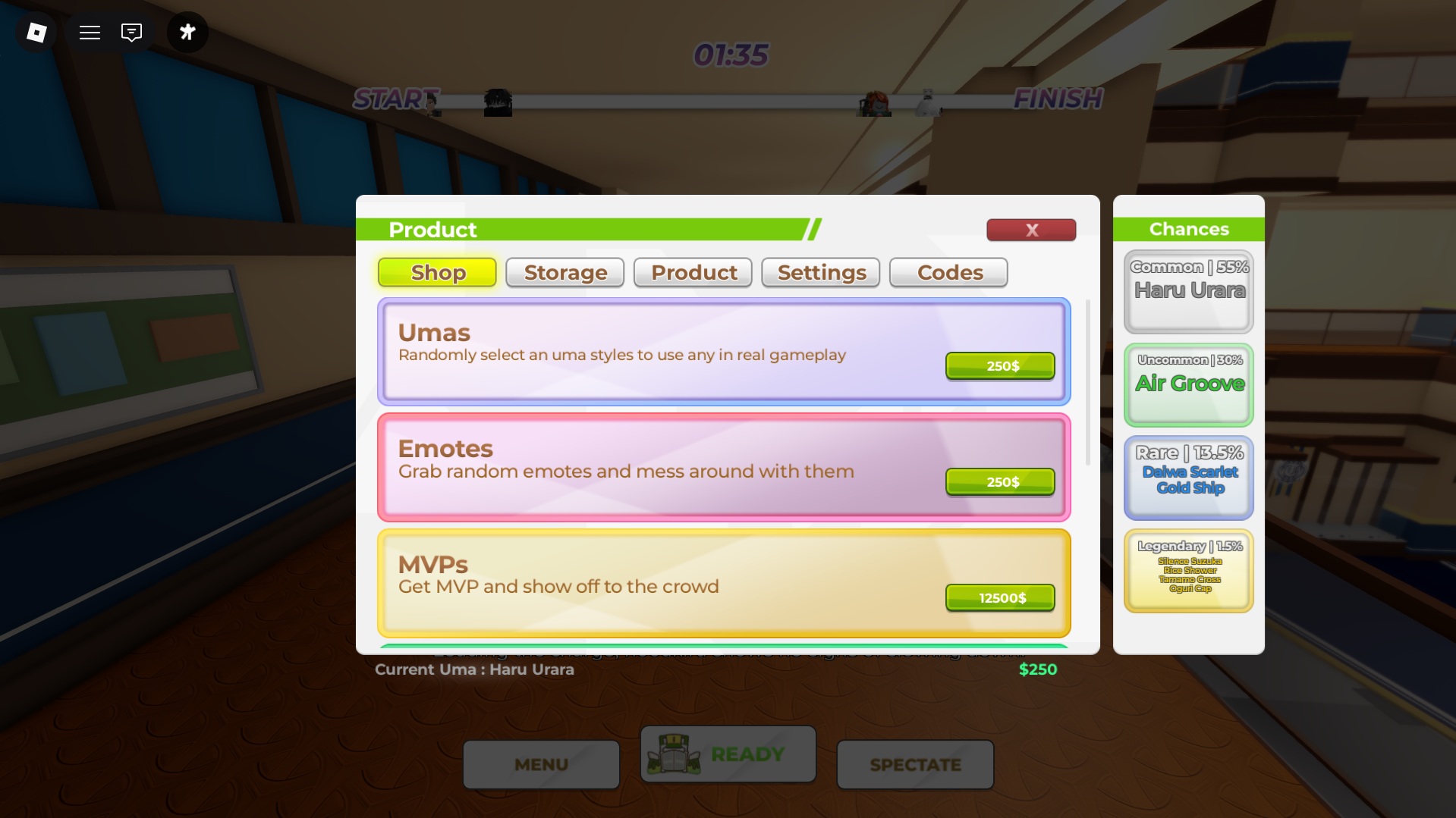 Buy new Umas from this menu (Source: Roblox Corporation)