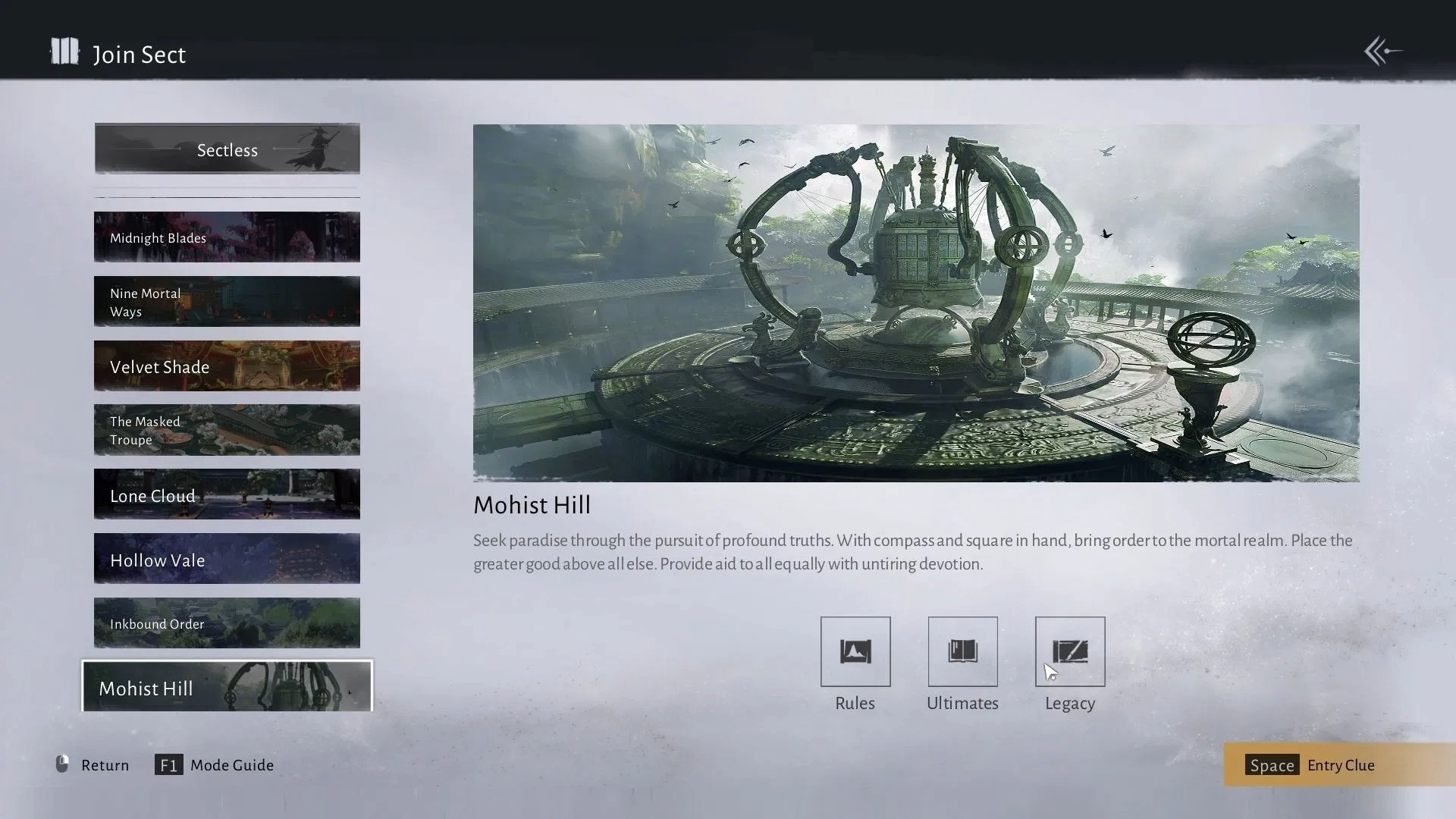 Mohist Hill entry in the Sect menu