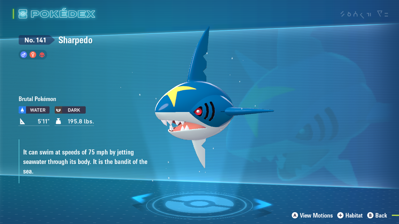 Sharpedo as seen in the Pokedex (Image via The Pokemon Company)