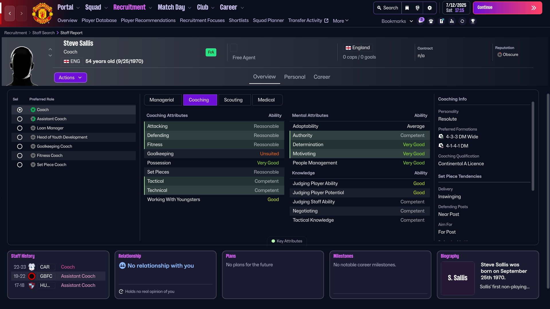 Possession coach in Football Manager 26 (Image via SEGA)