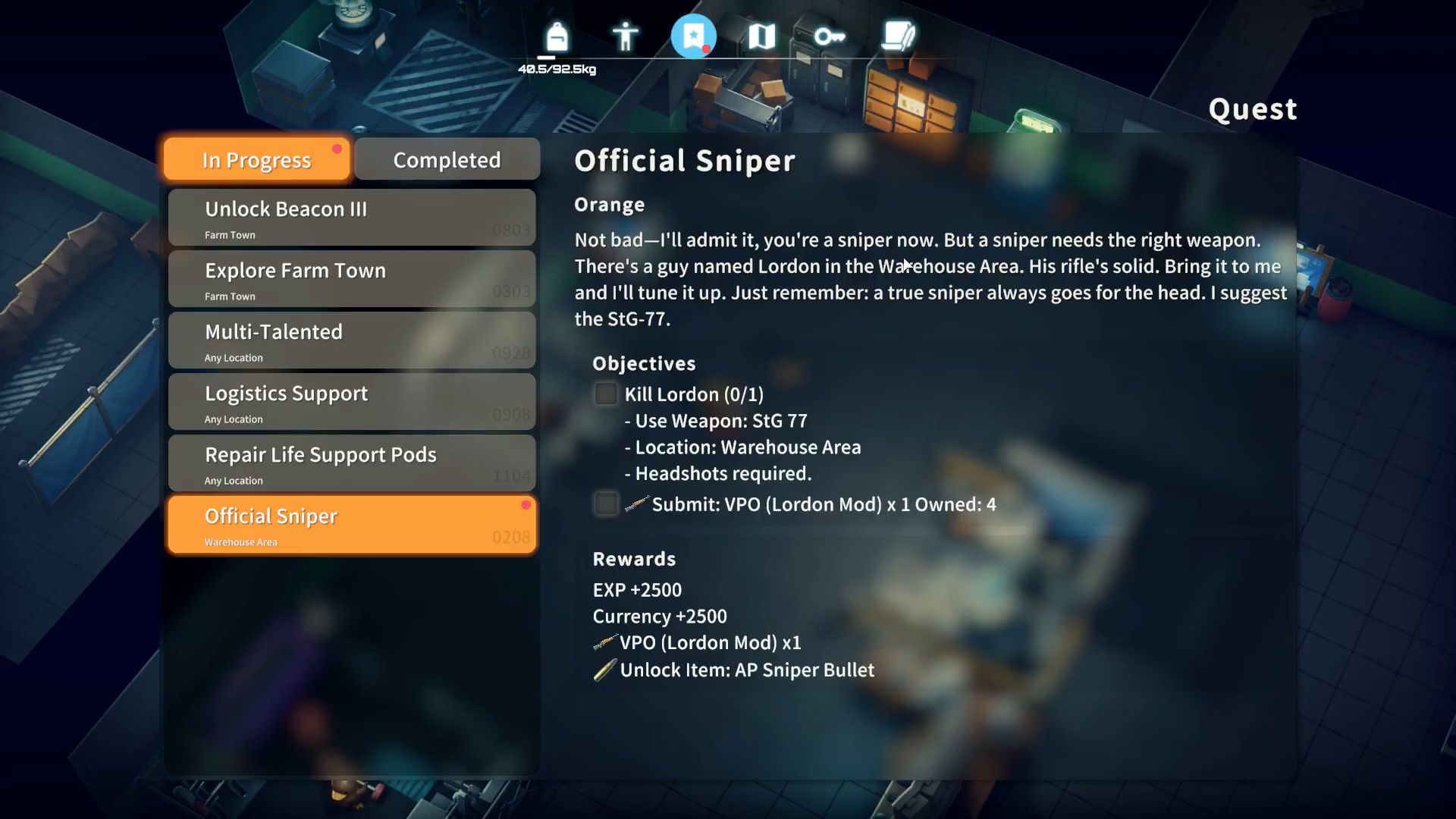Quest log for the Official Sniper in Escape From Duckov (Image via bilibili | Youtube/@MasakoTeam)