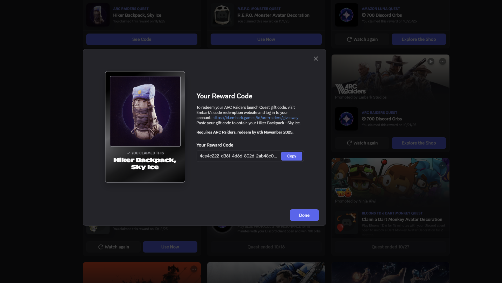 Copy the code (Image via Discord | Embark Studios)