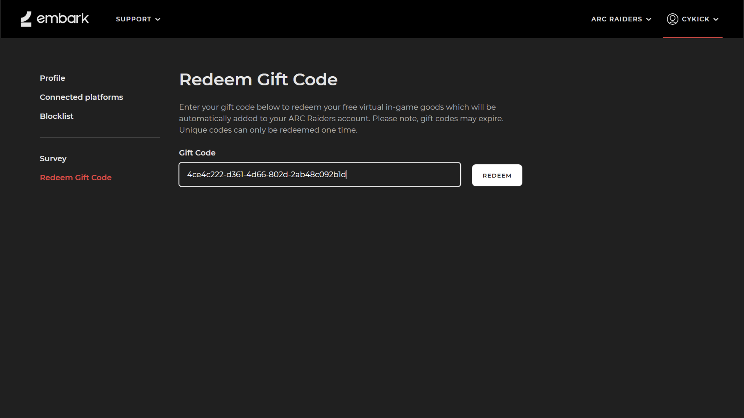 Redeem the gift using the code from the website (Image via Embark Studios)