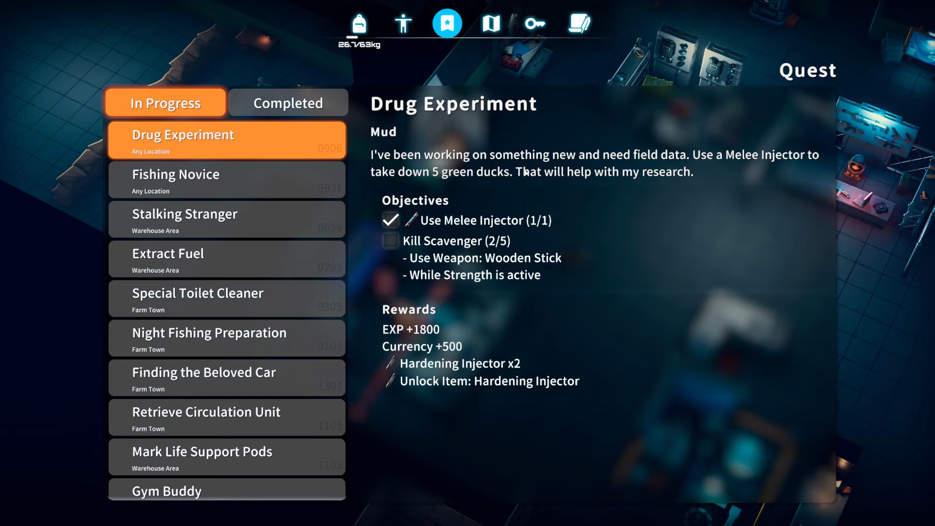 Quest log of Drug Experiment in Escape From Duckov (Image via bilibili | @The Ginger Empire/Youtube)