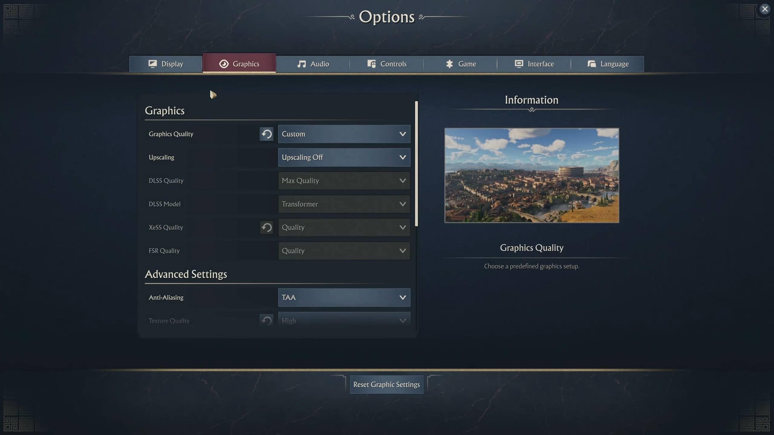 Picture of Anno 117 Pax Romana Graphics settings page