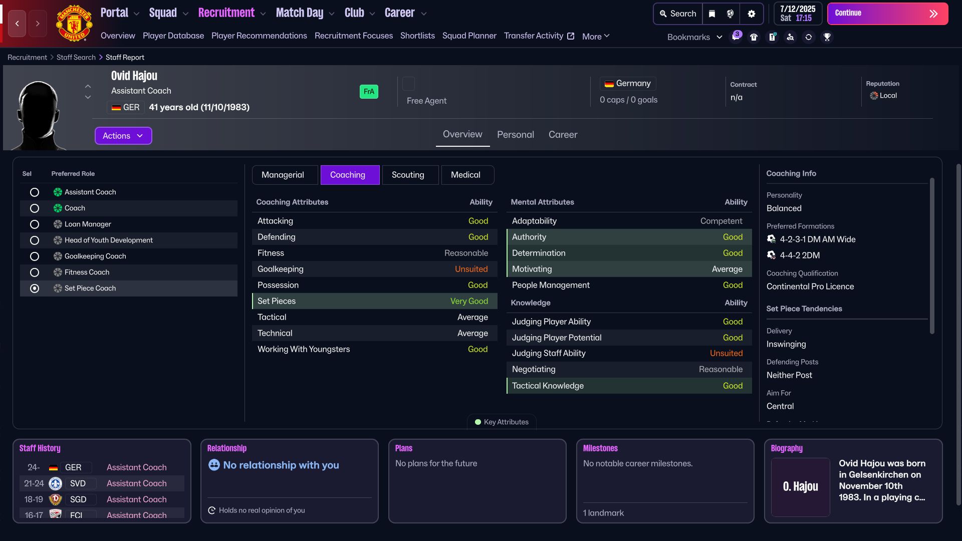 Set Piece coach in Football Manager 26 (Image via SEGA)