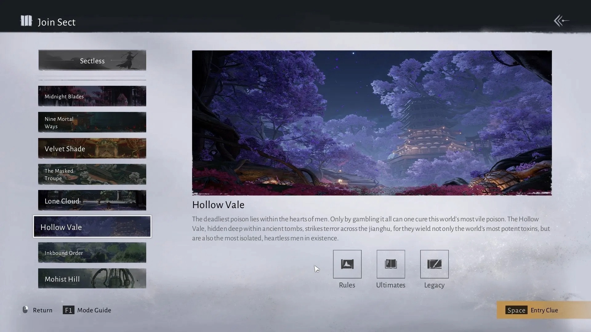 The Hollow Vale entry in the Join Sect menu