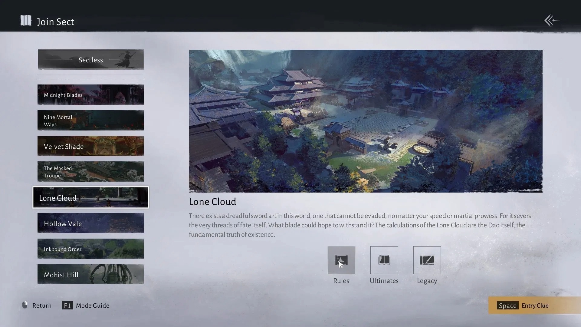 The Lone Cloud entry in the Sect menu
