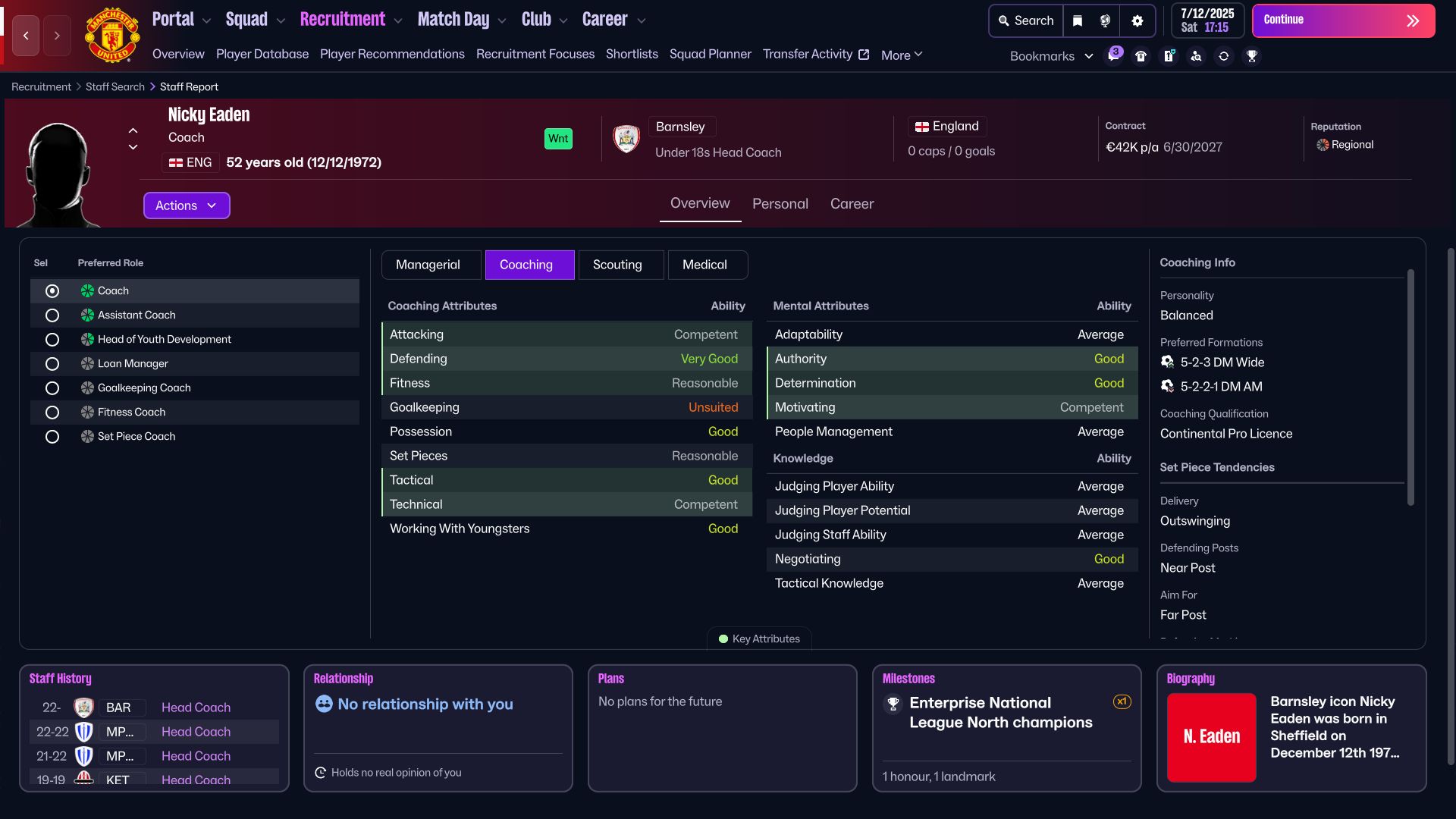 Defensive coach in Football Manager 26 (Image via SEGA)