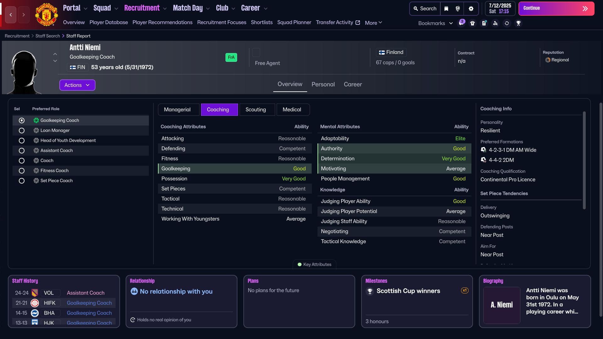 Goalkeeping coach in Football Manager 26 (Image via SEGA)