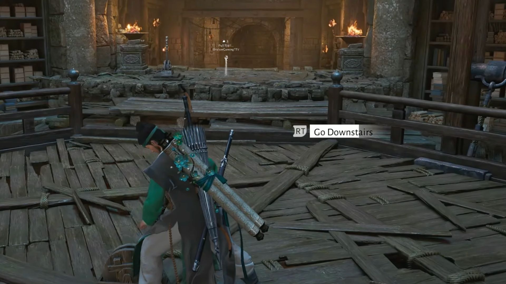 Use the repaired lift and descend to the lowest level.