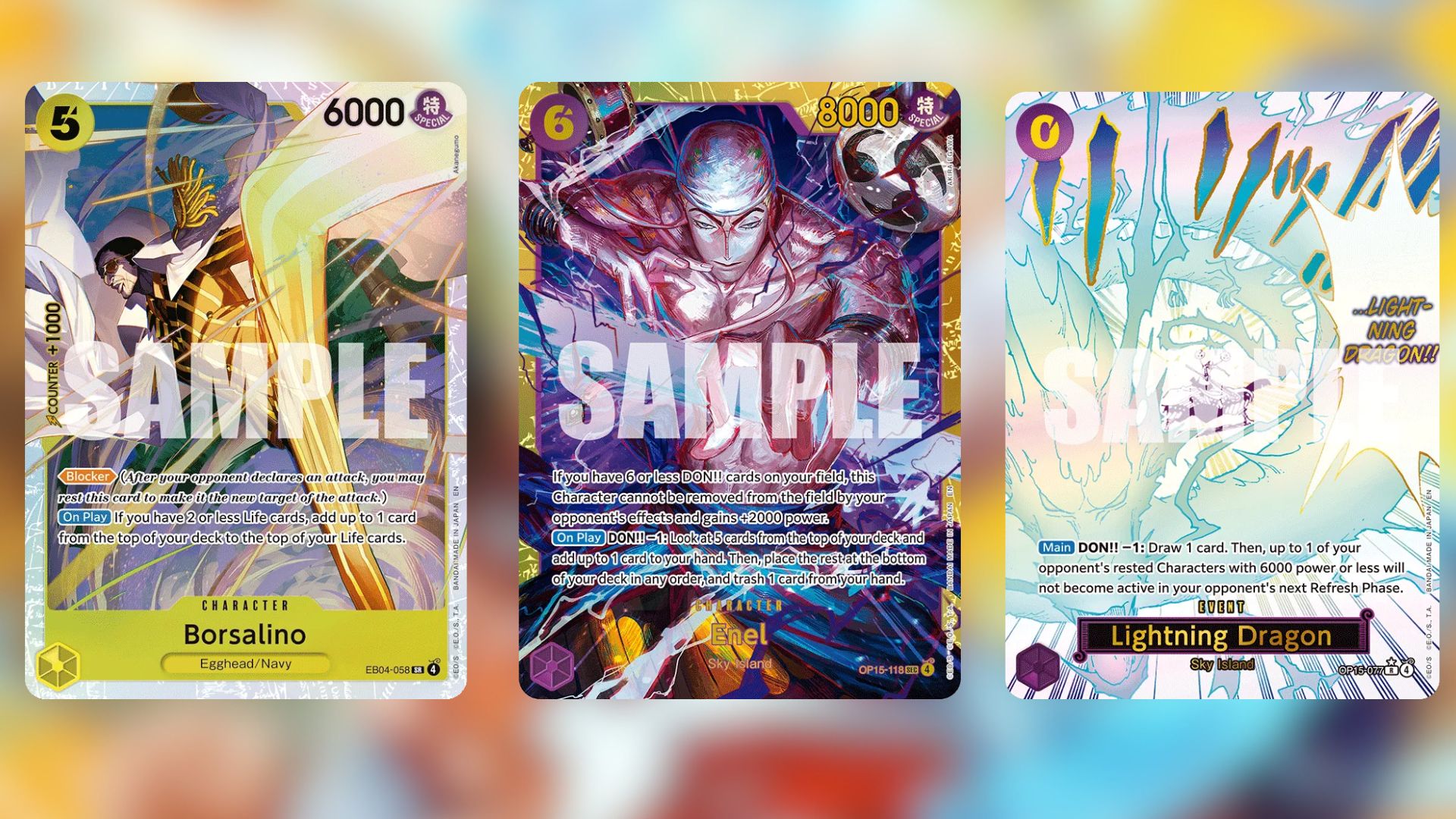 Borsalino (EB04-058), Enel (OP15-118), and Lightning Dragon (OP15-077) (Image via Bandai Namco)