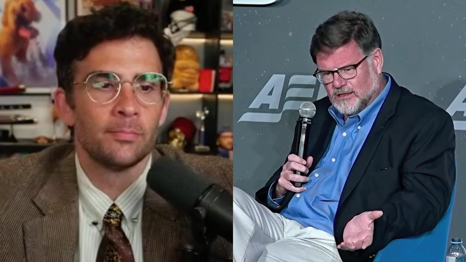 Political commentators Hasan Piker and Jonah Goldberg (Image via YouTube/@HasanAbi and @TheDispatchPods)