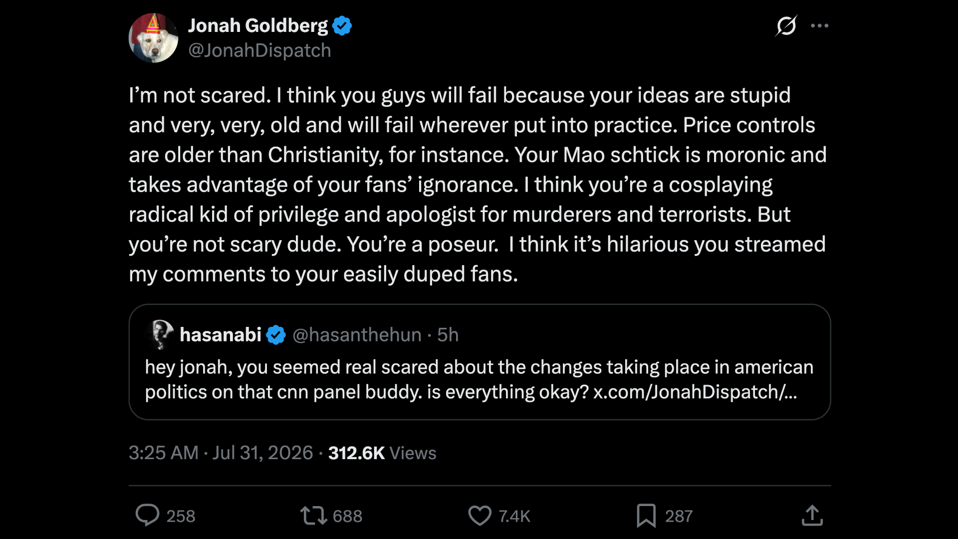 Jonah Goldber's recent X post, where he called Hasan Piker a "poseur" (Image via X/@jonahdispatch)