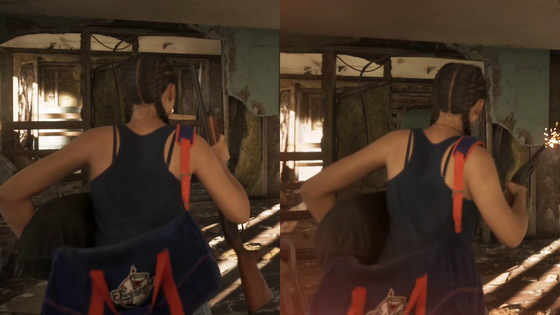 Lucia reloading a shotgun with one hand (Image via Rockstar Games)