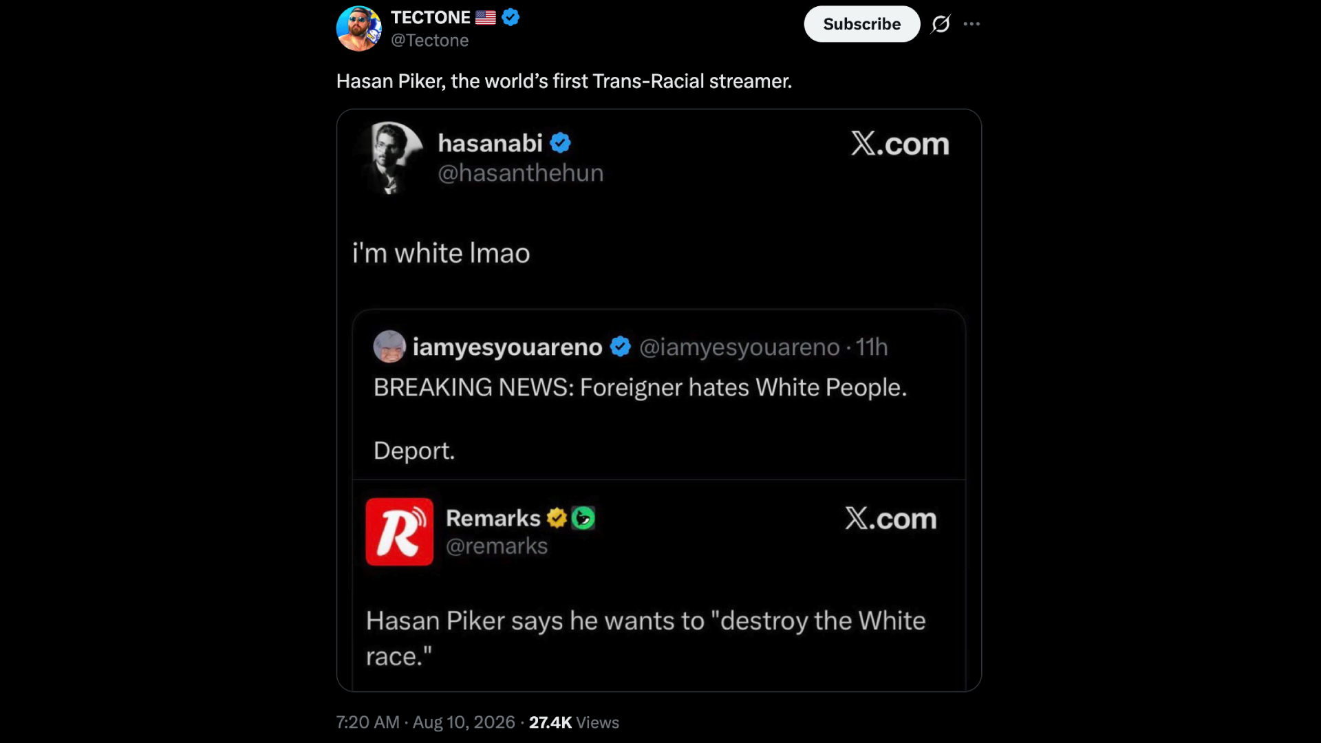 Rumble streamer Tectone's most recent X post