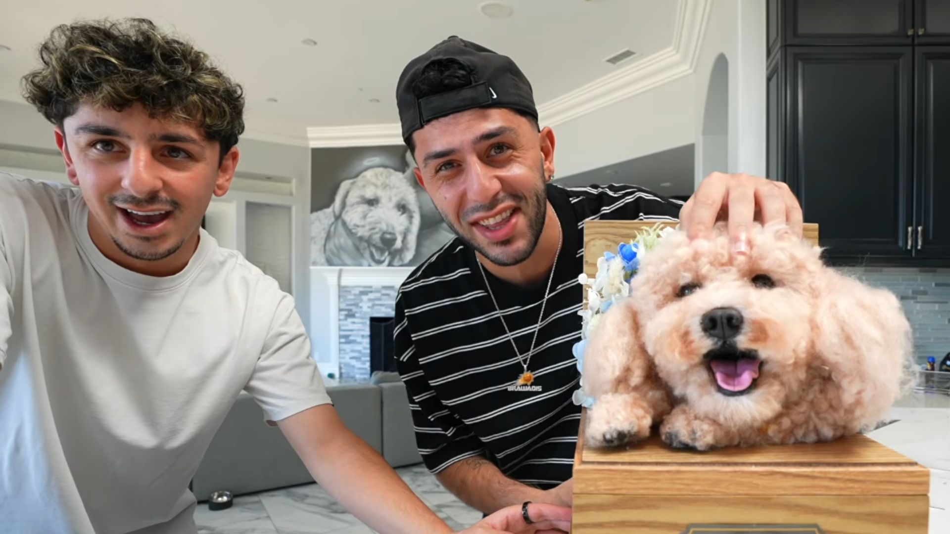 Faze Rug gifts a life-size portrait of Brawadis' late pet dog Booker (Image via YouTuber/ Brawadis)