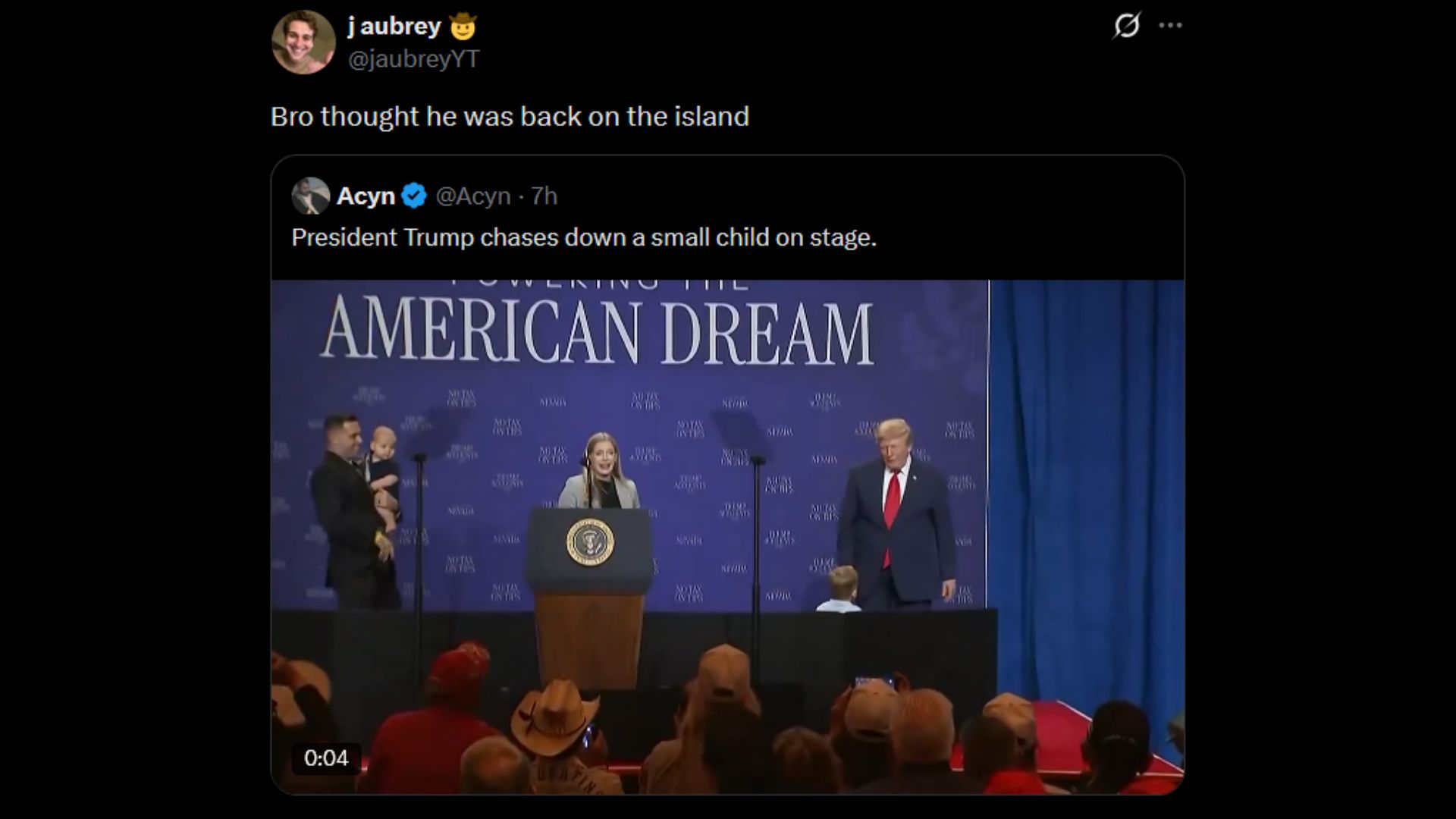 The YouTuber reacted to the video of Donald Trump "chasing down a small child on stage" (Source: jaubreyYT/X)