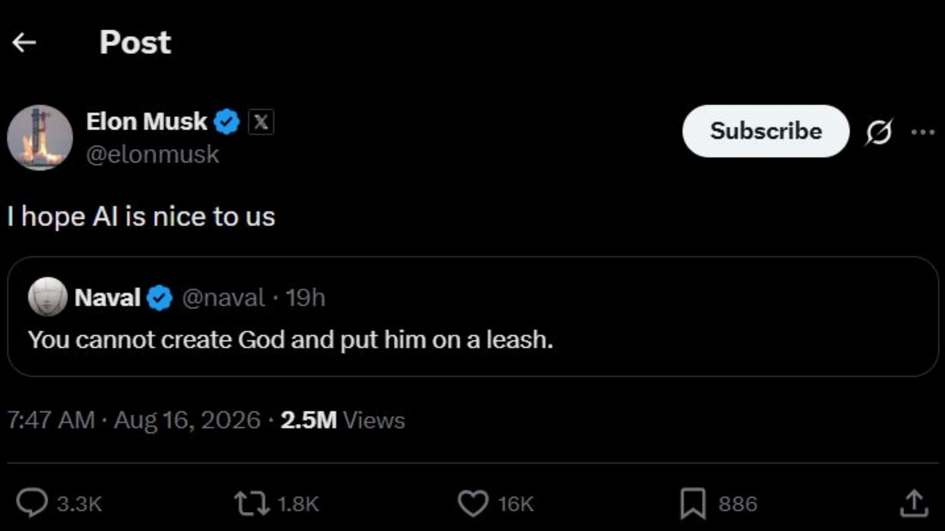 A screenshot of the post made by Elon Musk (Image via X/elonmusk)