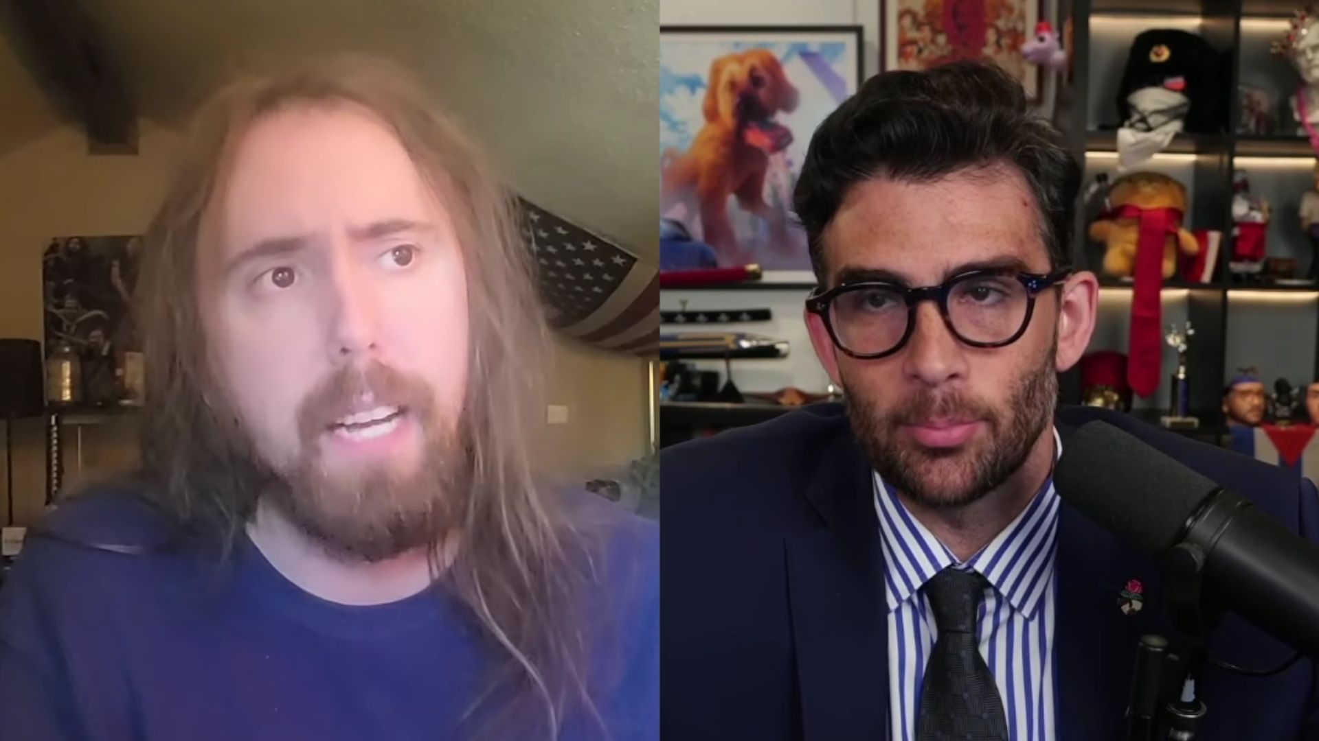 Hasan Piker reacts to Asmongold's response to his 14-day Twitch suspension (Image via YouTube/@AsmonTV and @HasanAbi)