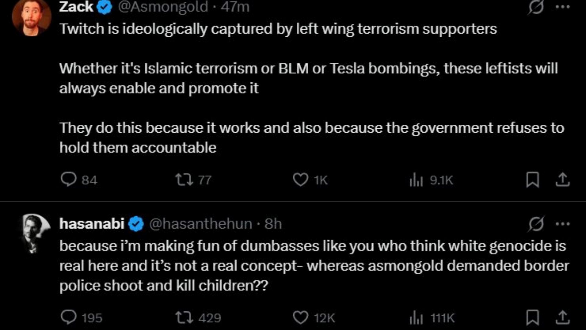 The replies of Hasan Piker and Asmongold under the same thread (Image via X/@elonmusk)