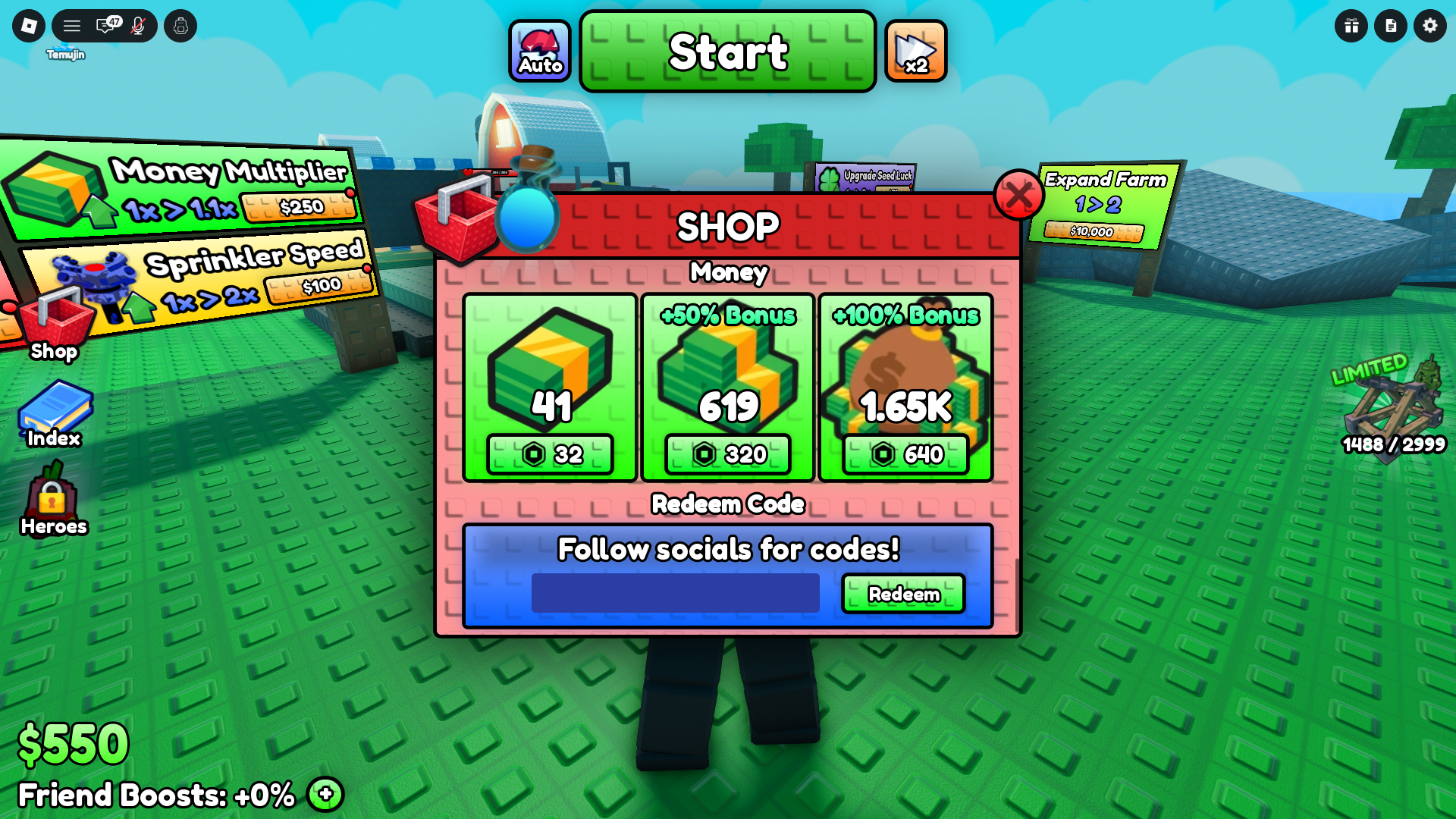 Redeem the codes to get free potions and seeds (Image via Roblox Corporation)