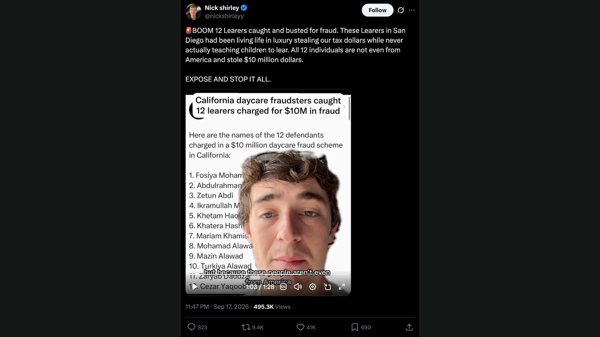 YouTuber's X post, dated September 17, 2026 (Image via X/@nickshirleyy)