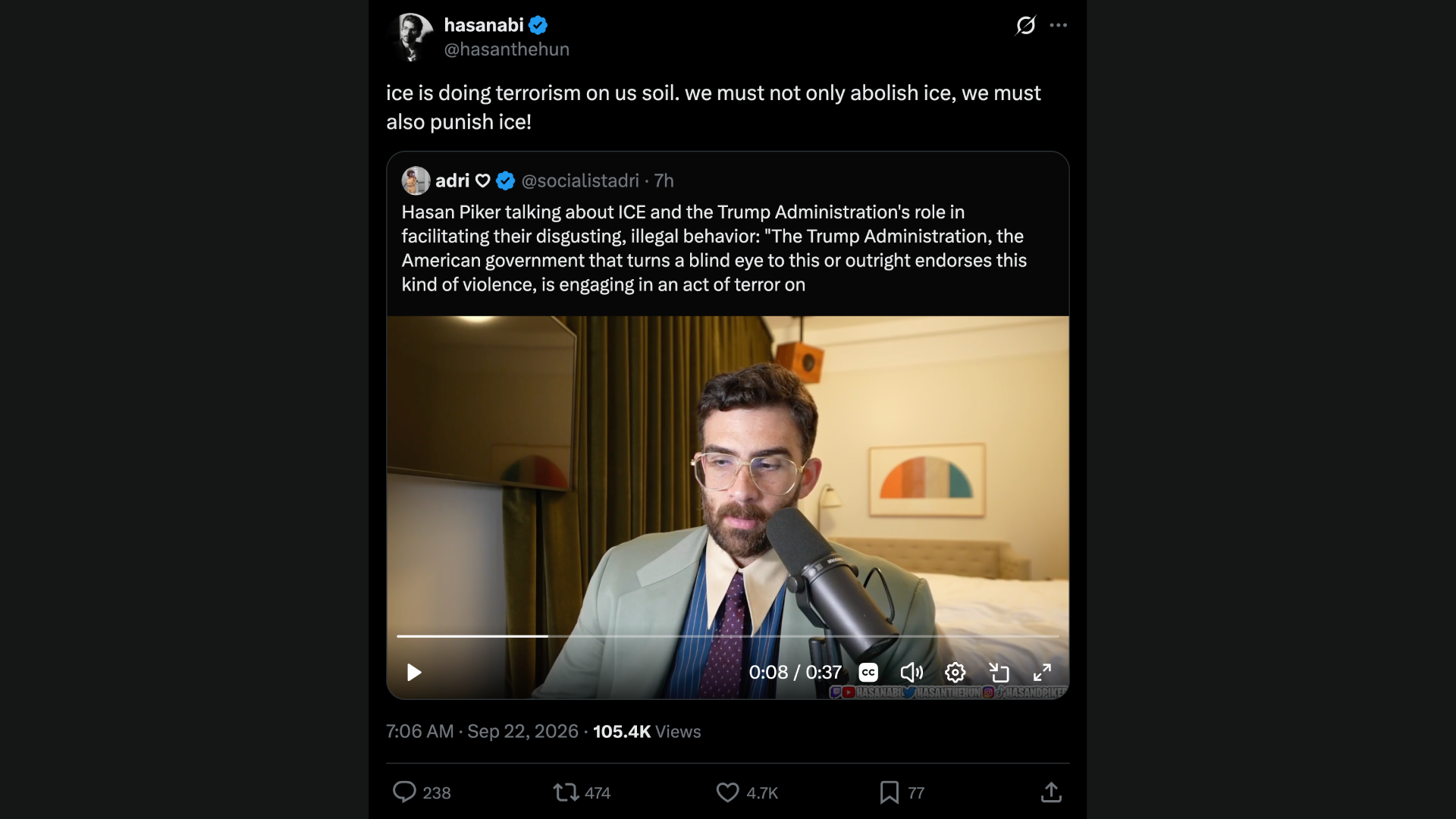 Twitch streamer Hasan Piker's recent X post, where he claimed ICE is "doing terrorism" (Image via X/@hasanthehun)