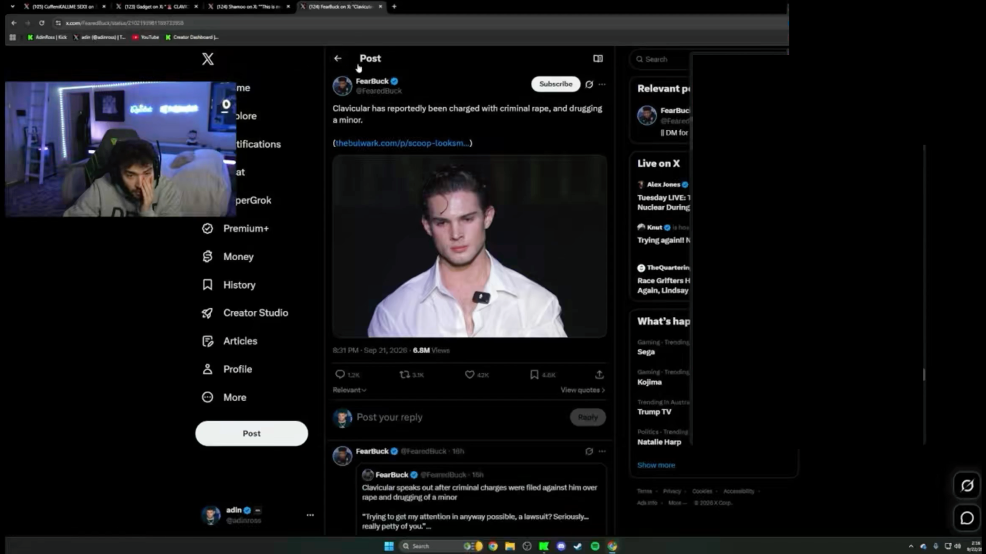 Adin Ross reacts to reports on X about Clavicular facing criminal charges (Image via Kick/AdinRoss)