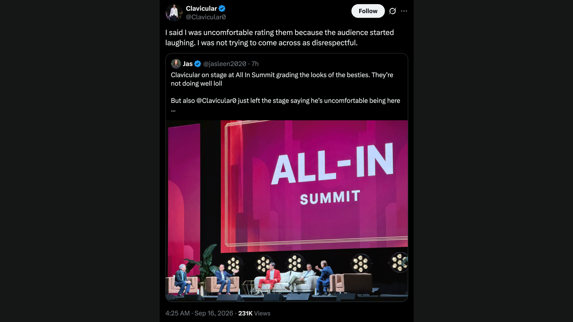 Kick streamer's recent X post following All-In Summit appearance (Image via X/@Clavicular0)