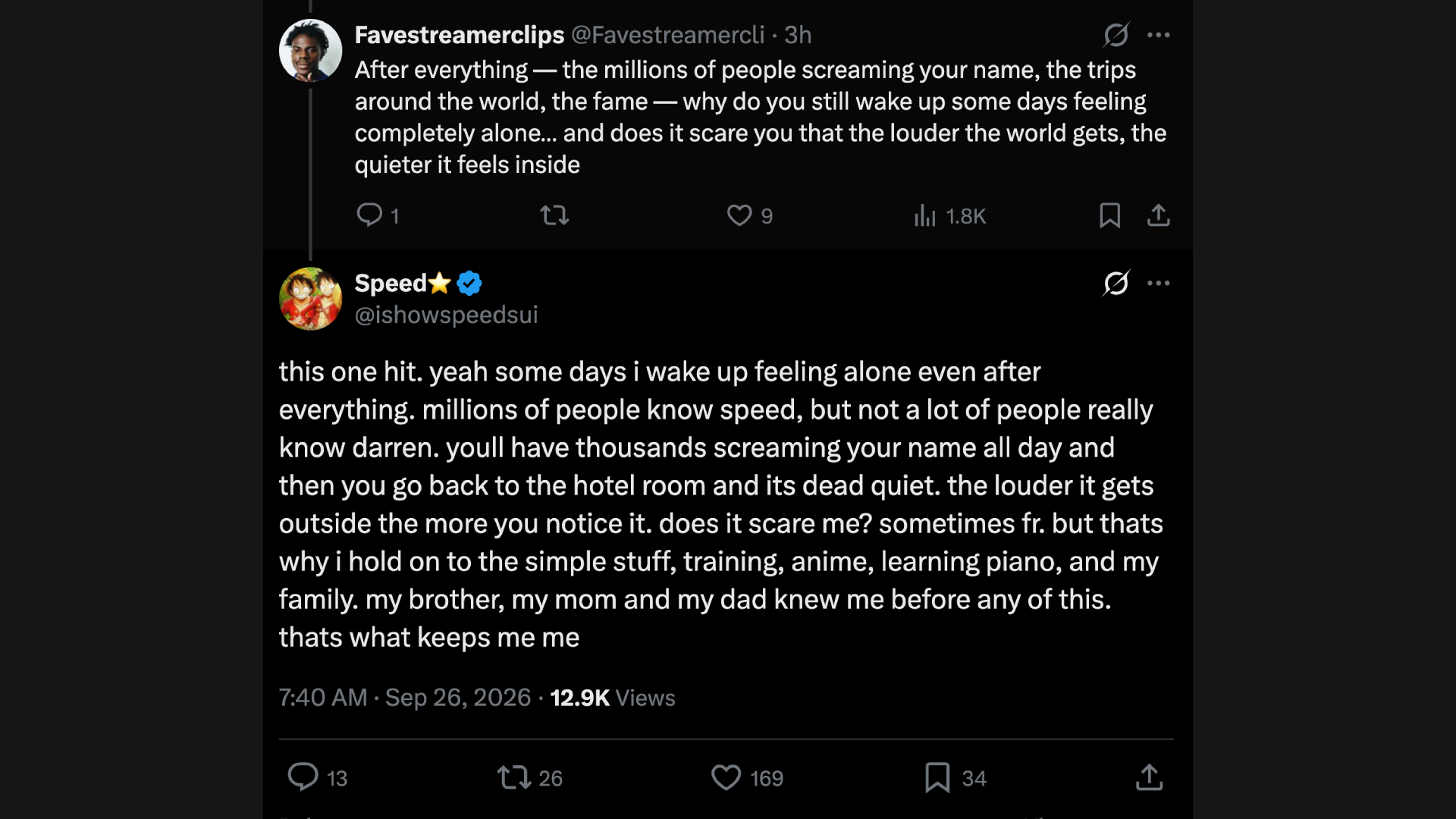 YouTube and Twitch streamer's X post, where he opened up about "feeling alone" (Image via X/@ishowspeedsui)